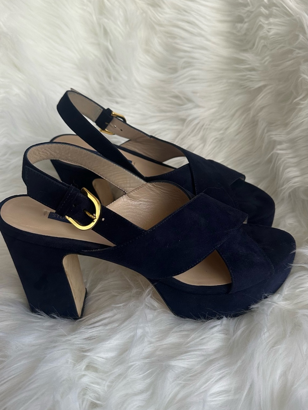 Stuart Weitzman Navy Suede Crisscross Wedge Sandals Size 8